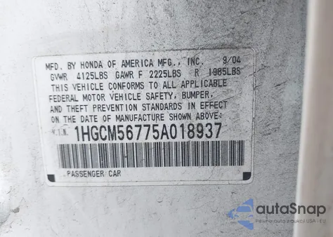 2005 Honda Accord 2.4 Ex from USA, damaged, VIN 1HGCM56775A018937